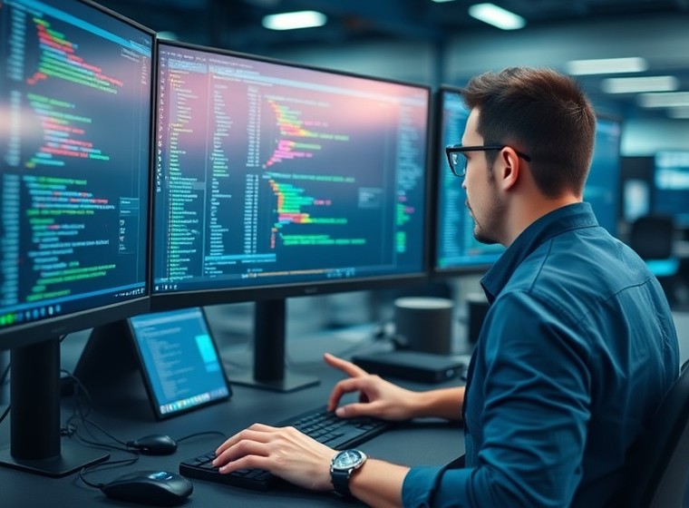 Equipo de desarrollo trabajando en el software del terminal
